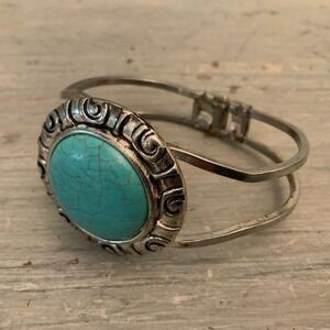 Faux Imitation Turquoise Silver Hinged Cuff Bracelet Good Condition